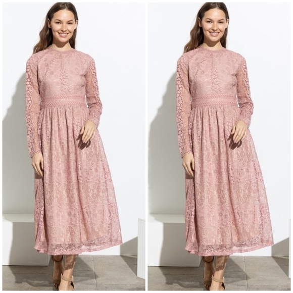 FEW LEFT❗️POLAGRAM Dusty Pink Lace Embroidered Long Sleeves Midi Dress - Picture 8 of 13